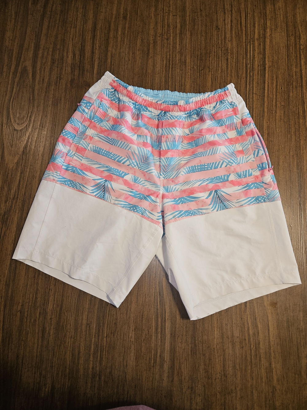 Birddogs Men's White Shorts with Pink & Blue Palm Stripe